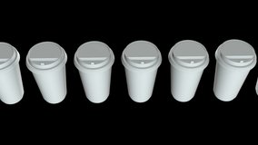 Disposable coffee cups. Row of Blank paper mug with plastic cap. 3d render Video available in 4k FullHD and HD render footage