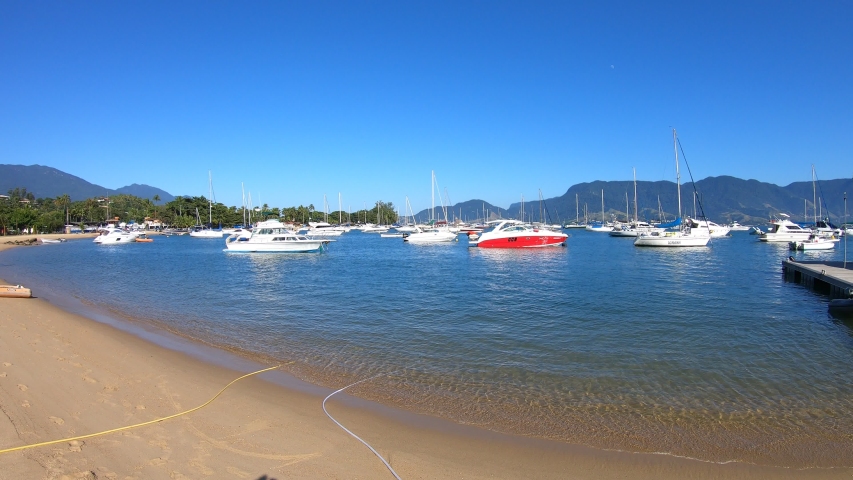 Hyper lapse of Yachts parked in Ilhabela Beach Island, Sao Paulo, Brazil