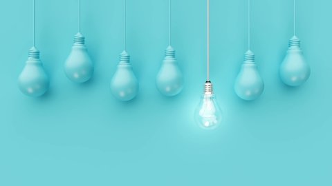 Hanging light bulbs with glowing one different idea on blue background. Minimal concept idea. 3D Animation.