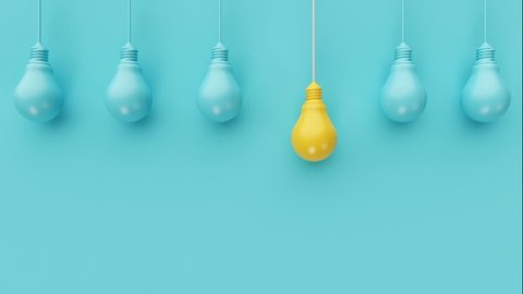 Hanging light bulbs with bright yellow one different idea on blue background. Minimal concept idea. 3D Animation.
