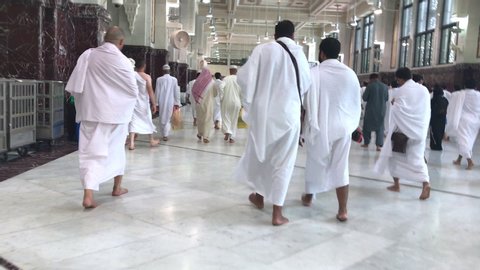 MECCA-CIRCA JUNE 2019:Muslim pilgrims perform saei (brisk walking) from Safa mount from Marwah mount in Makkah. Muslim pilgrims perform 7 rounds of saei from Safa mount to Marwah mount.