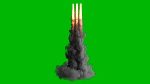 Exploding fire, smoke and sparks,as if from a jet or rocket engine burns fuel emitting a huge amount of smoke on a green screen
