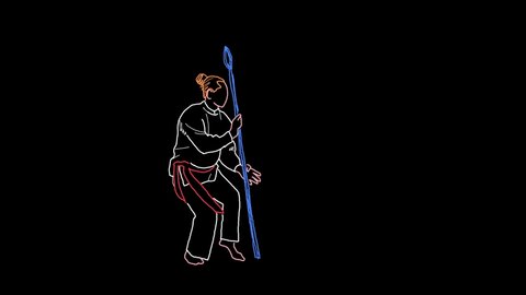 4K line drawing of a person doing some martial arts routine with a spear, colored ink on black background that can be looped.