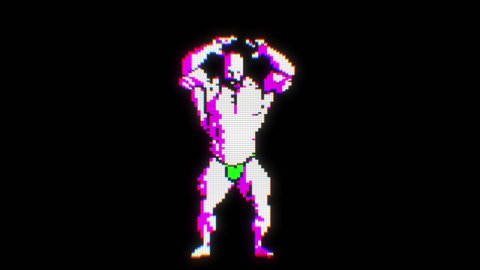 Seamless funny animation of a dancing videogame bodybuilder muscular character isolated with alpha channel. Chromatic aberration screen pixel style backdrop.