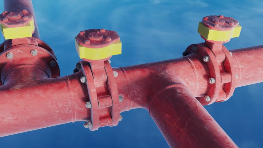 Slow linear move along Three Sluice gates with Two connectors on Large Red Frosted Pipes on a blue sky | Shutterstock HD Video #1032048335