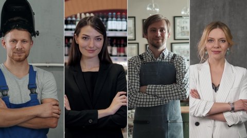 Collage of professional workers portraits, human resources and work concept, different group of business people, chef, mechanic, businesswoman crossed arms
