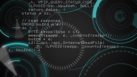 Digital animation of digital icons of a cloud, lock, and shield appear behind a 5G written in the middle of a futuristic circles rotating while program codes move in the black background.