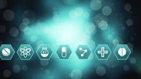 Digital animation of different medical icons in blue hexagons appears one by one while background shows bokeh lights. - Powered by Shutterstock - Get 15% off with code: PIKWIZARD15