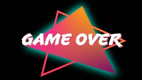 Digital animation of a white Game Over text in front of two triangles with orange and pink gradients appear in the screen against a black background. - Powered by Shutterstock - Get 15% off with code: PIKWIZARD15