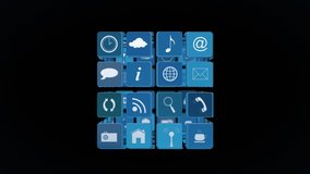 Digital animation of different online and application icons in blue squares arranged in a cube rotating while dark background shows different numbers changing.  - Powered by Shutterstock - Get 15% off with code: PIKWIZARD15