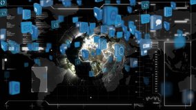 Digital animation of different online and application icons in blue squares move upwards in the screen. Dark background shows a futuristic interface with different data and a globe rotating in the - Powered by Shutterstock - Get 15% off with code: PIKWIZARD15