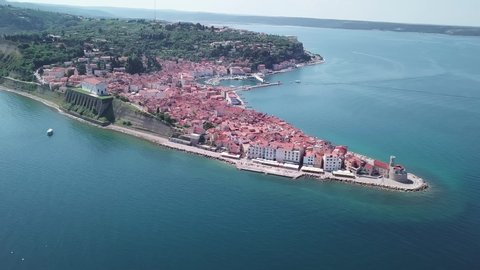 Long fly Above Piran - Slovenia - Panoramic view of city