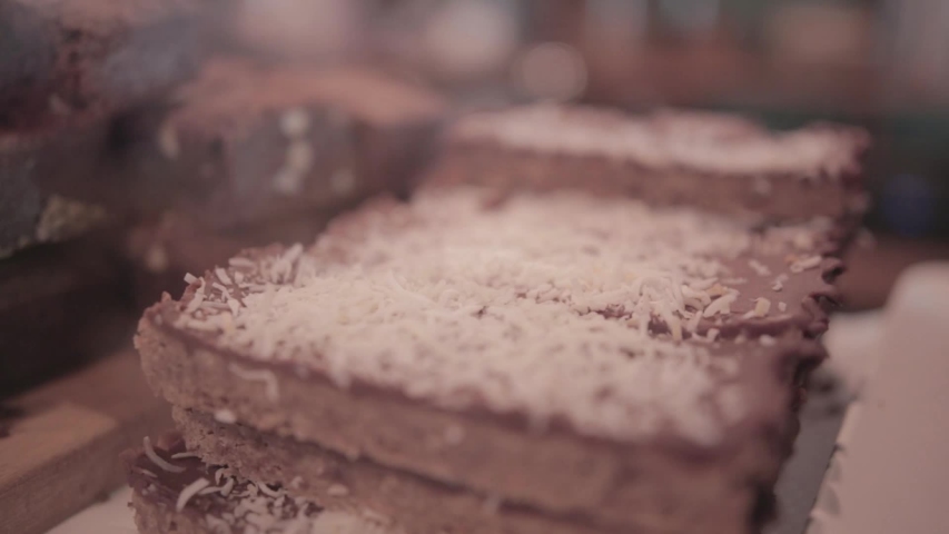 chocolate brownies in a bakery