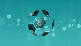 Digital animation of different medical icons in blue hexagons arranged spherically rotating and a blue background with hexagon patterns and hexagon shaped bokeh moving in the screen. - Powered by Shutterstock - Get 15% off with code: PIKWIZARD15