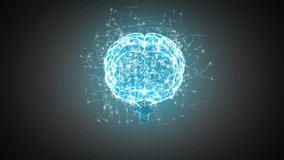 Digital animation of a glowing digital brain with lines moving around it rotating in the screen. Background shows an interface with bar graphs, futuristic circles, and DNA double helix strands. - Powered by Shutterstock - Get 15% off with code: PIKWIZARD15