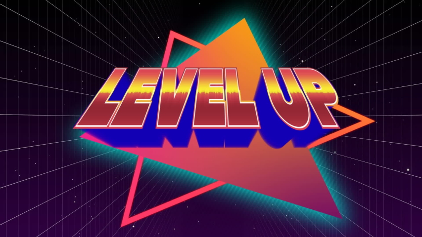 Digital animation of Level Up sign in orange and pink gradient with glowing blue outline while galactic background with square patterns zooming in the screen.  - Powered by Shutterstock - Get 15% off with code: PIKWIZARD15