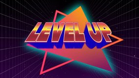 Digital animation of Level Up sign in orange and pink gradient with glowing blue outline while galactic background with square patterns zooming in the screen.  - Powered by Shutterstock - Get 15% off with code: PIKWIZARD15