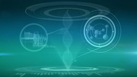 DNA double helix with heart ECG, molecule model, and program codes Digital animation of a DNA double helix rotating in the middle of two digital circles while a heart ECG and molecule model inside a - Powered by Shutterstock - Get 15% off with code: PIKWIZARD15