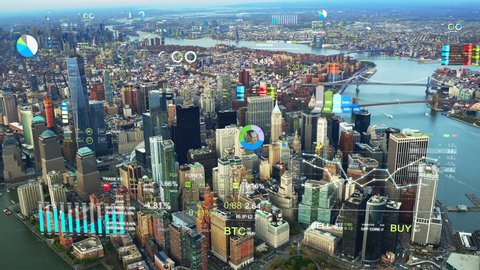 Aerial view of New York with financial charts and data. Futuristic city skyline. Big data, Artificial intelligence, Internet of things. Stock exchange figures. Holographic information.