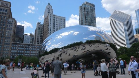 Popular landmark in Chicago - Cloud Gate at Millennium Park - CHICAGO, USA - JUNE 11, 2019