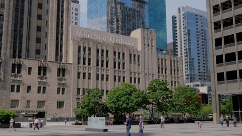 Chicago Tribune building at Chicago River - CHICAGO, USA - JUNE 11, 2019
