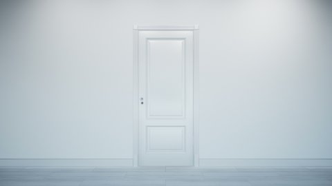 White classic design door opening to white background, alpha matte. 60 fps animation.