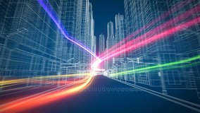 Colored Digital Streams Flying Through the Beautiful Modern Abstract City Grid Seamless. Digital and Technology Concept. Looped 3d Animation. 4k Ultra HD 3840x2160.  - Powered by Shutterstock - Get 15% off with code: PIKWIZARD15