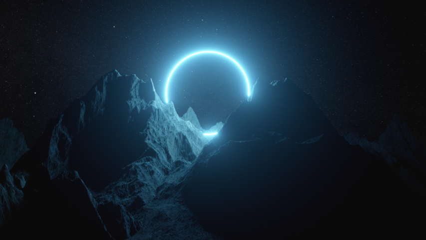 Beautiful minimalistic fantastic landscape. Bright blue neon circle among the mountains against the background of a rotating night starry sky. Seamless loop 3d render