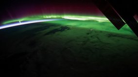 Planet Earth view seen from the International Space Station with Aurora Borealis , Time Lapse 4K. Images courtesy of NASA Johnson Space Center. Pan up motion timelapse.