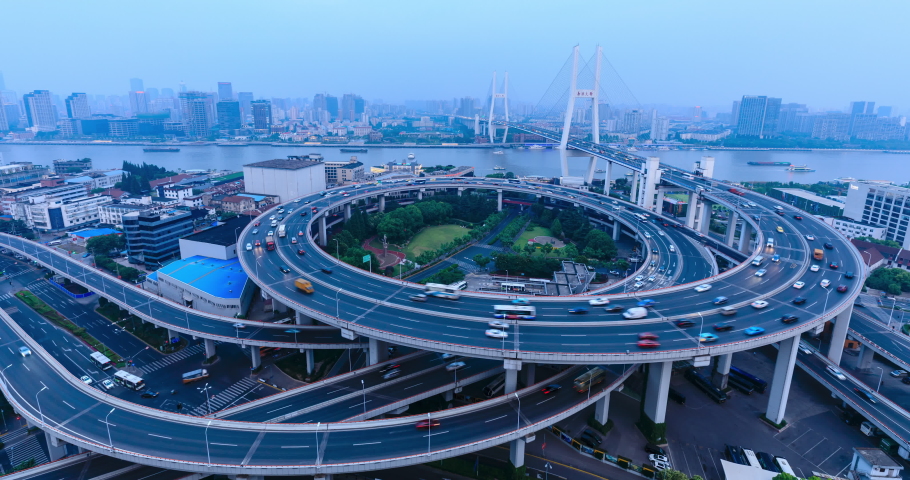 Timelapse of traffic on Nanpu bridge at night,Shanghai,China