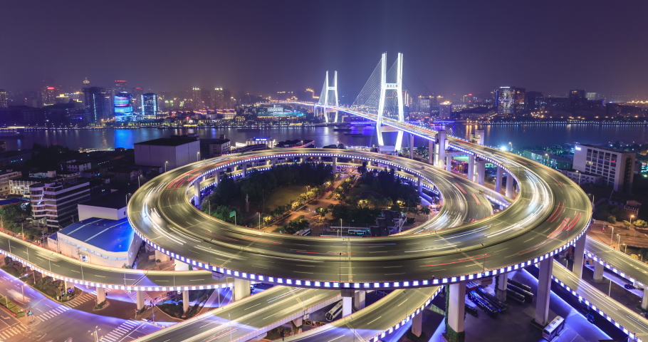 Timelapse of traffic on Nanpu bridge at night,Shanghai,China