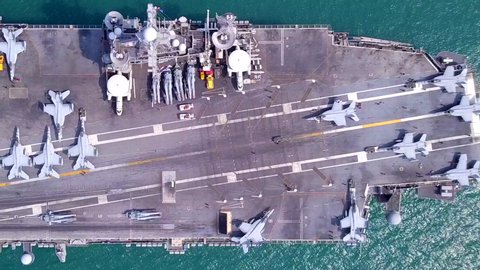  Aircraft carrier battleship military navy nuclear ship carrier and loading fighter jet aircraft and F-35 Fighter United States 