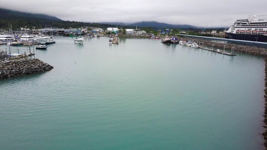 Aerial view of a small boat harbor in Seward, Alaska.