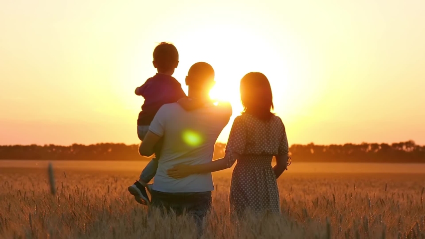 Father and mother point the child to the horizon in a wheat field. Happy family at sunset. Agriculture, relationships. dream concept Royalty-Free Stock Footage #1032111089