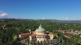 Aerial video with drone. Historical site, Sanctuary of the Madonna of Lourdes, Verona, Italy.
