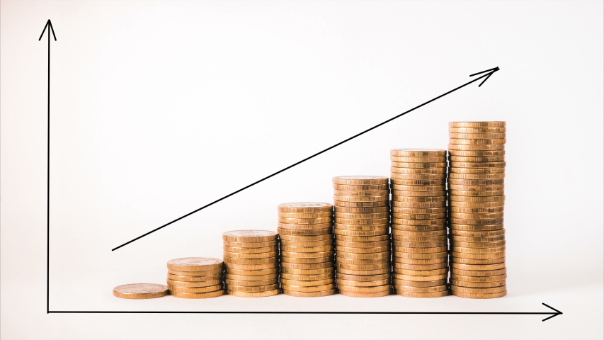 coins and arrows graph shows company succesful income