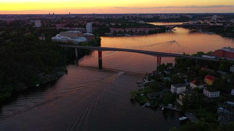 Aerial footage of the Stockholm island Stora Essingen and the bridges Alviksbron and Tranebergsbron