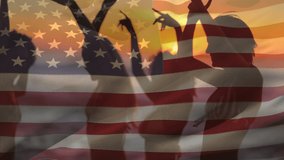 Digital composite of silhouette of a group of diverse women dancing in the beach during sunset while an American flag waves in the background for fourth of July. - Powered by Shutterstock - Get 15% off with code: PIKWIZARD15