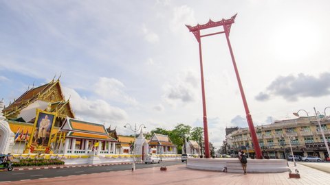 Bangkok , Thailand - 13 June, 2019 : Time lapse panning Giant swing landmark of bangkok city in sunset time / Sao Ching Cha landmark in Bangkok city