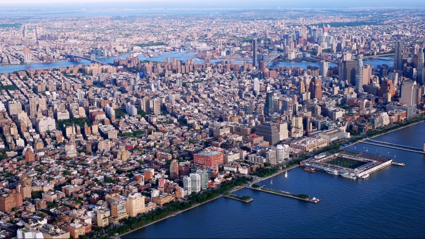 New York City Skyline Aerial 2019. East view from photo plane w gyro, no plastic. 6:30 summer evening clear.