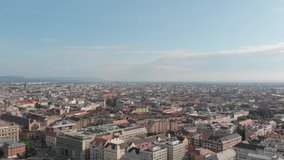 Panorama aerial footage shows the Pest city side, buildings, roof and New Budapest Gallery and the traffic in Budapest with River Danube, Hungary | Stock video 60fps 2.7