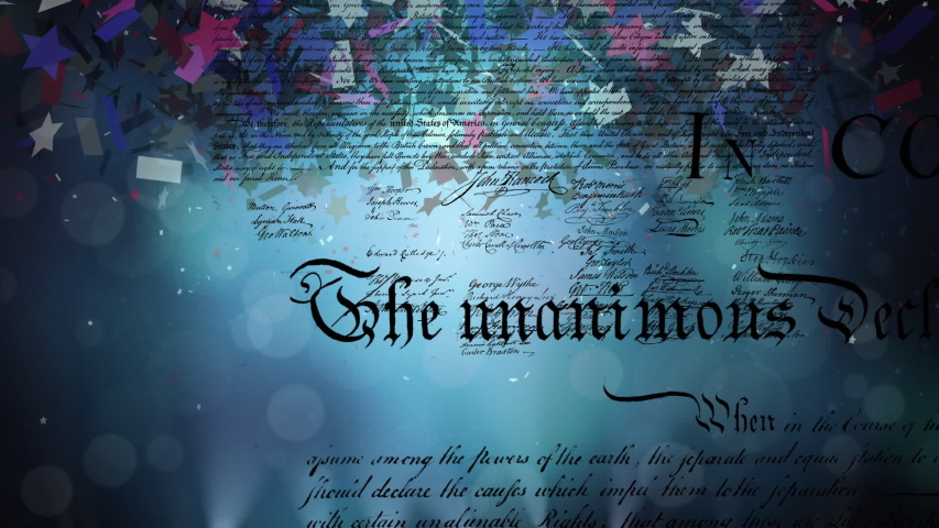 Digital animation of the written declaration of independence of the United States moving in the screen while dark background shows lights moving and colorful confetti slowly falling in the screen.