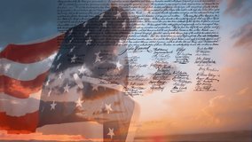 Digital composite of man holding American flag while written declaration of independence of the United States moves in the screen. Background shows the sky with clouds during sunset. - Powered by Shutterstock - Get 15% off with code: PIKWIZARD15