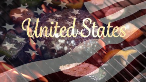 Digital animation of gold United States text appearing in the screen with the American flag burning while background shows barbecue with fire burning