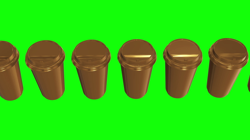 Disposable coffee cups. Row of gold mug with cap. 3d render Video available in 4k FullHD and HD render footage