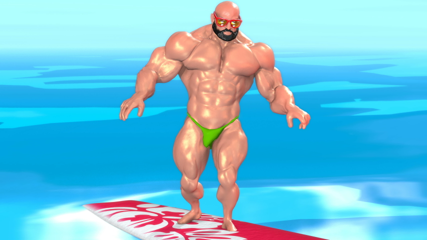 Seamless animation of masculine muscular bodybuilder surfing in the sea. Funny sport summer background.