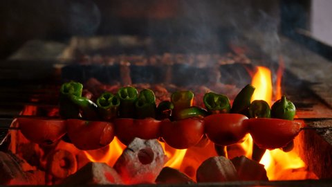 Traditional Turkish shish kebab and vegetables on barbecue fire