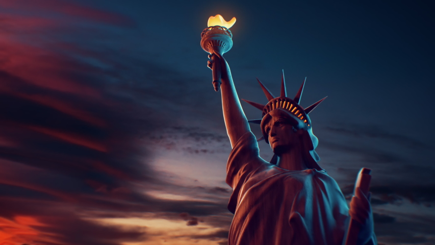 Statue of Liberty with 4th of July fireworks exploding in dusk sky background. Top quality 4K 3D animation. Royalty-Free Stock Footage #1032162926