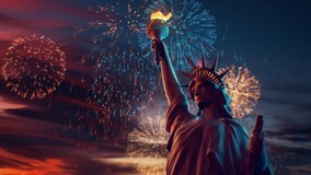 Statue of Liberty with 4th of July fireworks exploding in dusk sky background. Top quality 4K 3D animation. - Powered by Shutterstock - Get 15% off with code: PIKWIZARD15