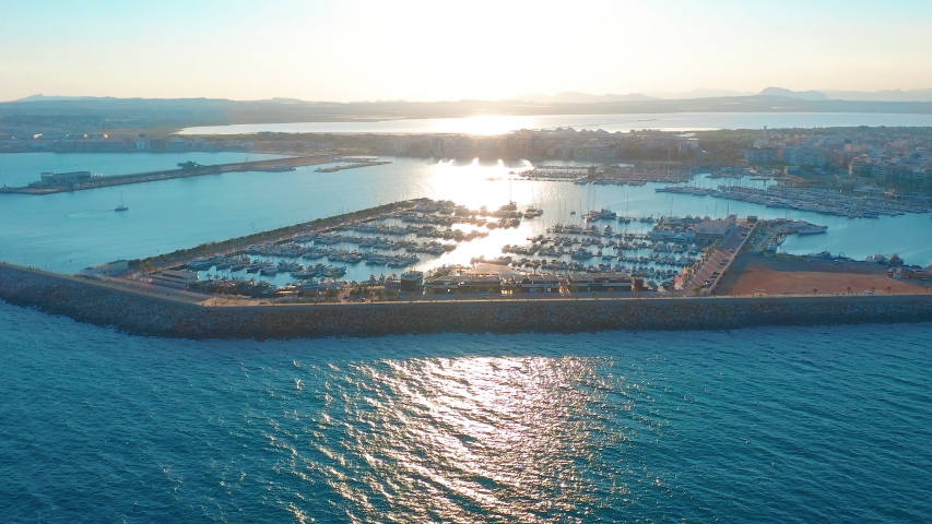 Aerial view marina with sail boats.